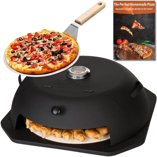 Perfectly baked pepperoni pizza on the aluminum peel next to the HeatGuard Pro pizza oven