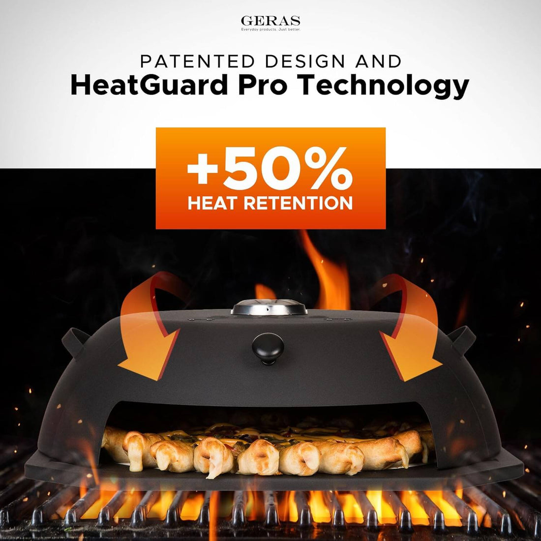 HeatGuard Pro pizza oven over open flames on a grill