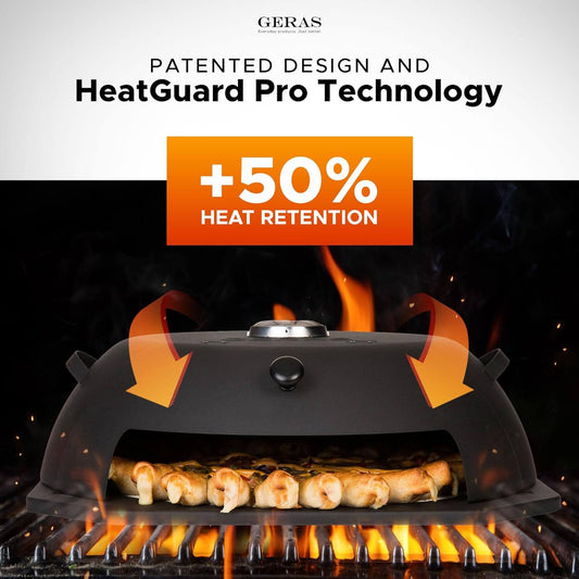 HeatGuard Pro pizza oven over open flames on a grill