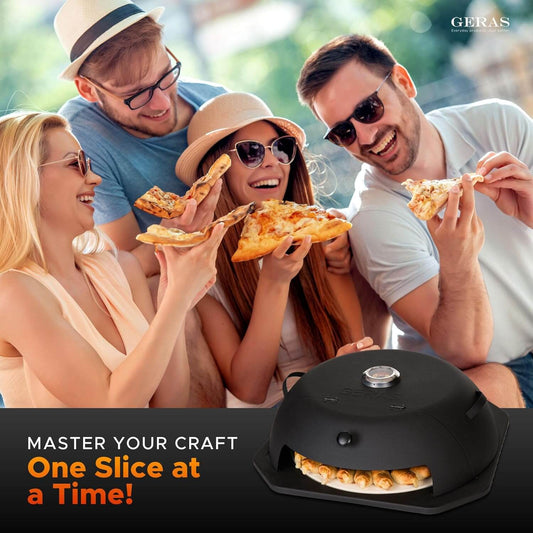 Friends enjoying homemade grilled pizza made with the HeatGuard Pro pizza oven
