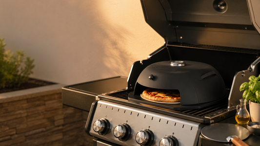HeatGuard Pro pizza oven at work in a backyard outdoor kitchen
