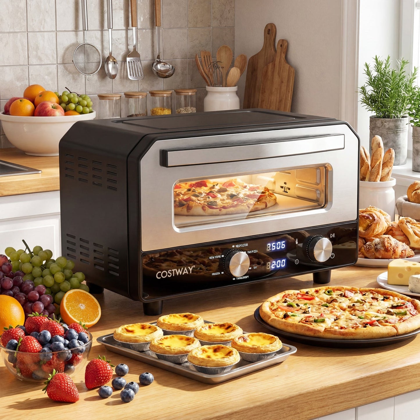 Black indoor countertop electric pizza oven for 12-inch pizzas