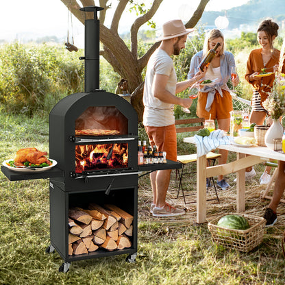 Outdoor pizza oven with protective cover, grill racks, and built-in thermometer