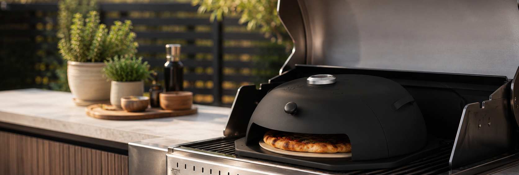 A black dome-style pizza oven or smoker insert placed on a stainless steel outdoor grill, with a pizza partially visible inside. The scene is set on a patio with plants, a fence, and trees in the background.