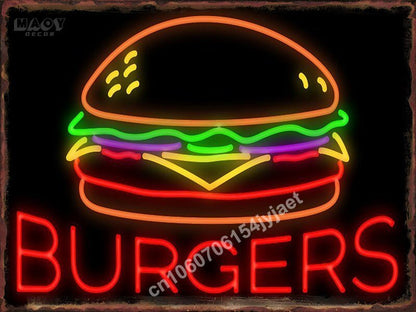 Neon Burger Pizza Metal Tin Sign Poster Painting Picture Art Wall Aesthetic Room Decor Home Decoration Print Metal Plates Mural - Geras Club 0