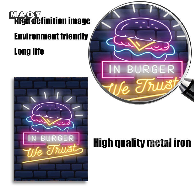 Neon Burger Pizza Metal Tin Sign Poster Painting Picture Art Wall Aesthetic Room Decor Home Decoration Print Metal Plates Mural - Geras Club 0