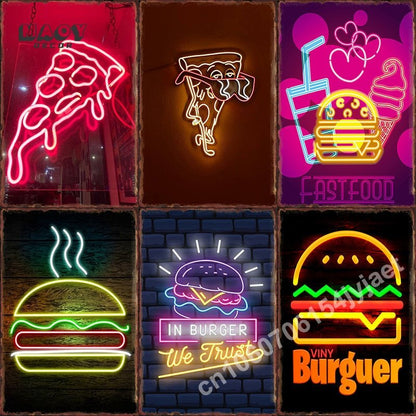 Neon Burger Pizza Metal Tin Sign Poster Painting Picture Art Wall Aesthetic Room Decor Home Decoration Print Metal Plates Mural - Geras Club 0