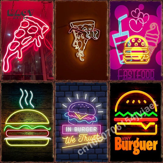 Neon Burger Pizza Metal Tin Sign Poster Painting Picture Art Wall Aesthetic Room Decor Home Decoration Print Metal Plates Mural - Geras Club 0