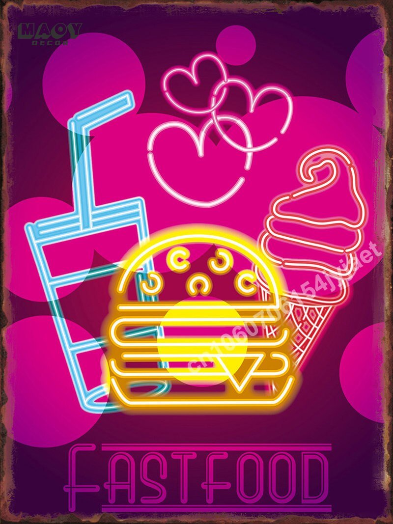 Neon Burger Pizza Metal Tin Sign Poster Painting Picture Art Wall Aesthetic Room Decor Home Decoration Print Metal Plates Mural - Geras Club 0