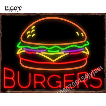 Neon Burger Pizza Metal Tin Sign Poster Painting Picture Art Wall Aesthetic Room Decor Home Decoration Print Metal Plates Mural - Geras Club 0