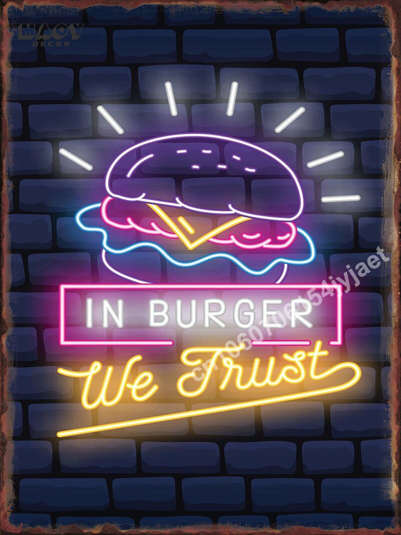 Neon Burger Pizza Metal Tin Sign Poster Painting Picture Art Wall Aesthetic Room Decor Home Decoration Print Metal Plates Mural - Geras Club 0