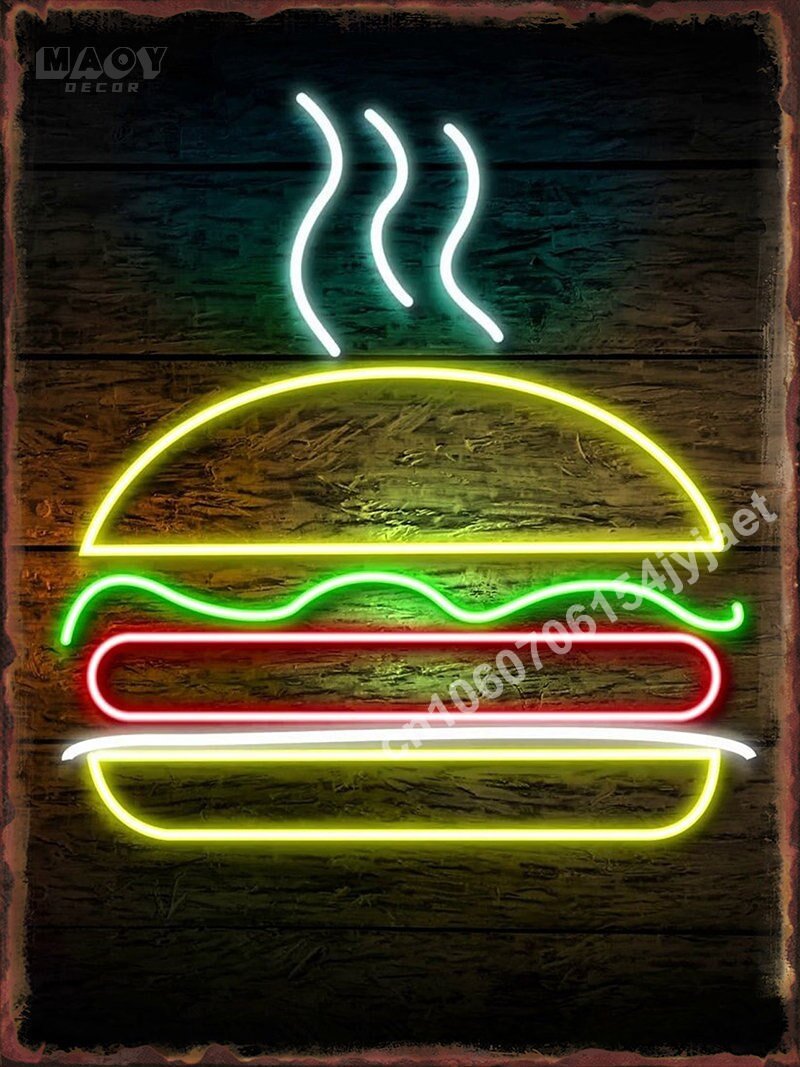 Neon Burger Pizza Metal Tin Sign Poster Painting Picture Art Wall Aesthetic Room Decor Home Decoration Print Metal Plates Mural - Geras Club 0