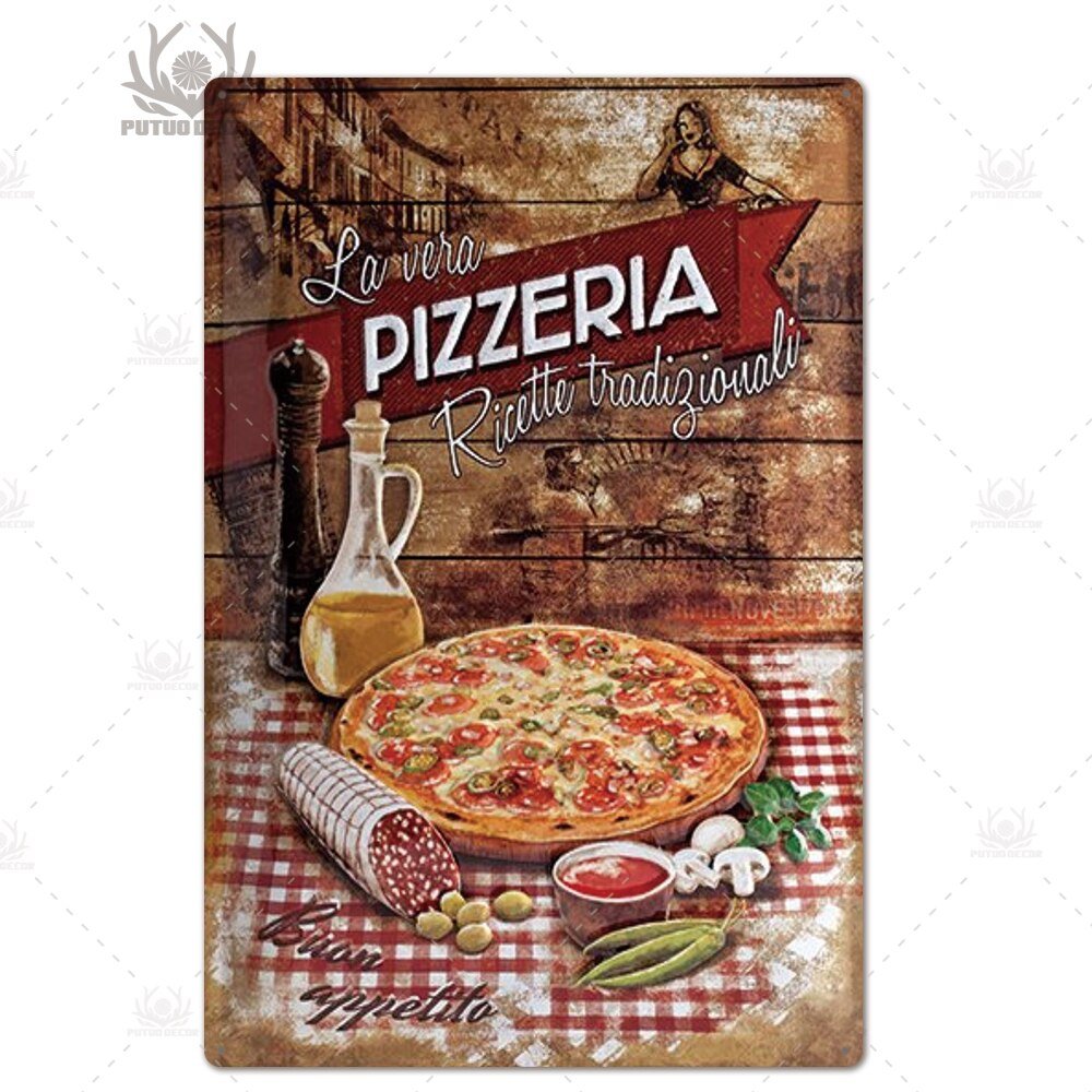 Putuo Decor Pizza Plaque Metal Vintage Tin Sign Retro Wall Art Poster for Cafe Bistro Restaurant Home Shop - Geras Club 0