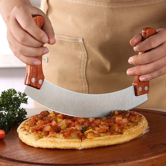 Stainless Steel Wooden Handle Swing Cutter Double Handle Pizza Cutter Wheel Knife Sawtooth Shovel Kitchen Baking Scraper Tool - Geras Club 0